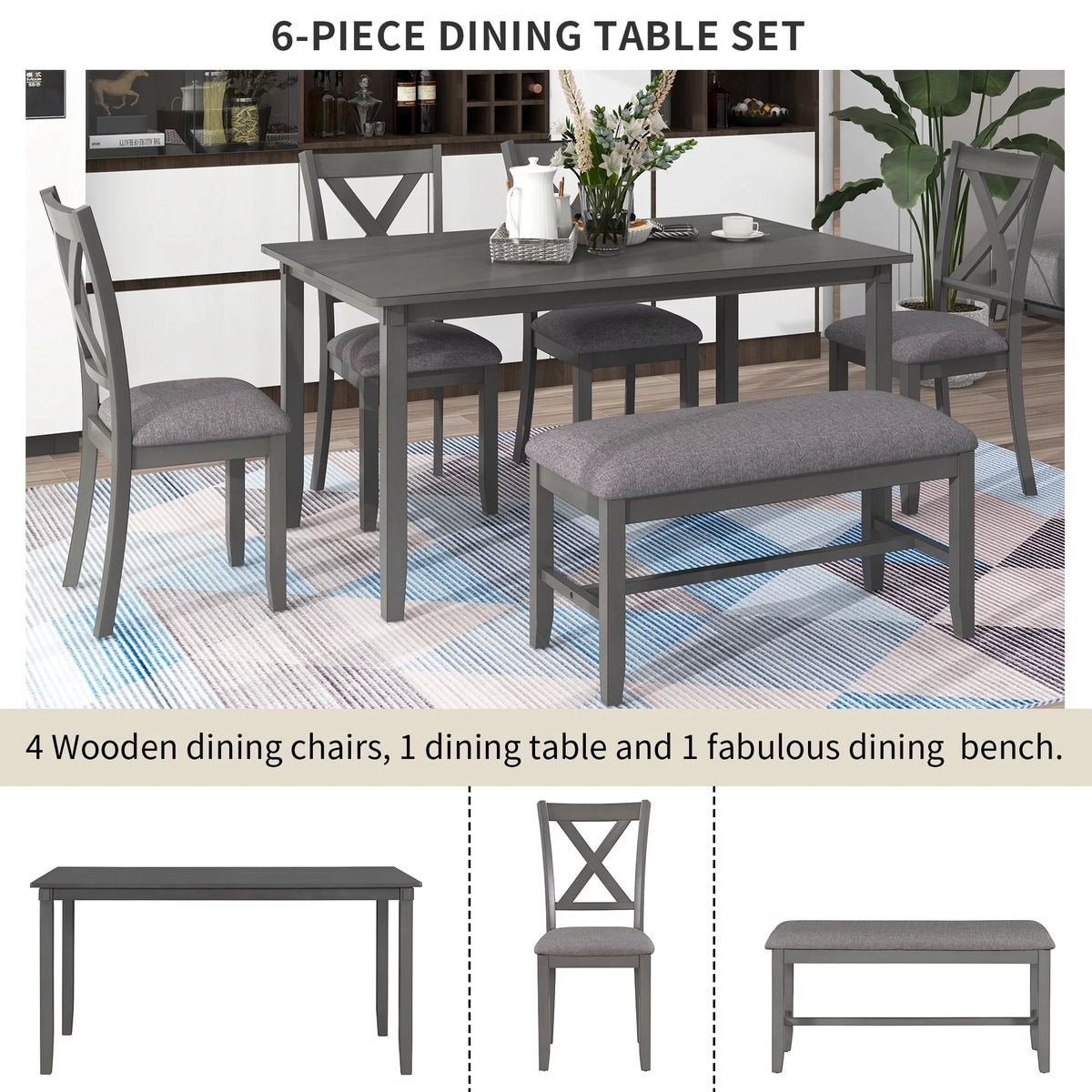 6-Piece Wooden Dining Table Set with 4 Chairs & Bench R177