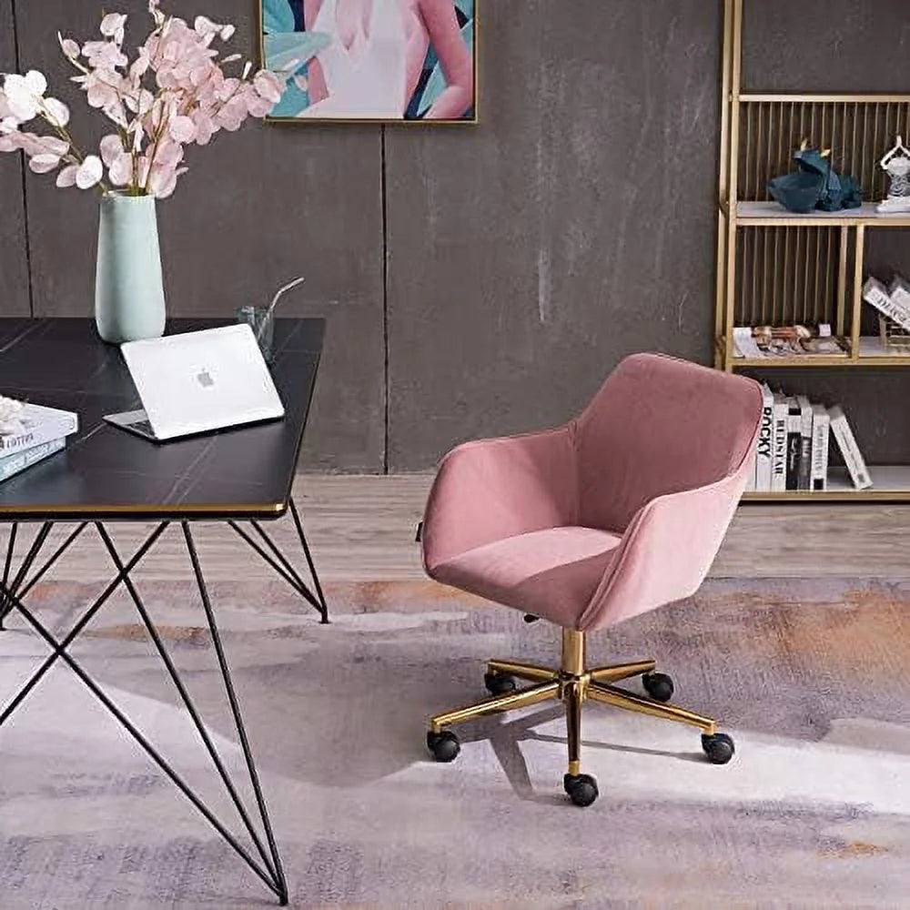 Pink Velvet Fabric Office Chair with Gold Metal Legs K867041