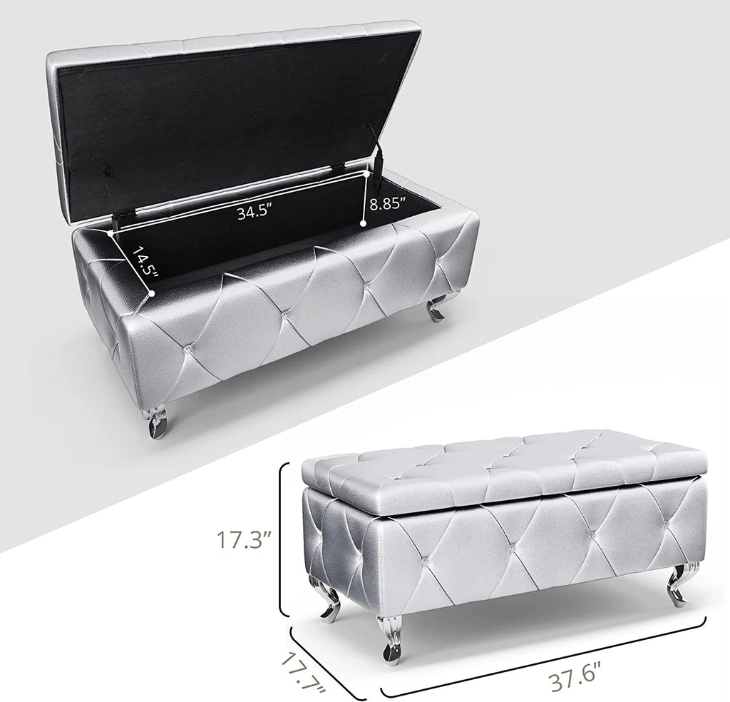 38'' Silver Faux Leather Storage Ottoman Bench H21374