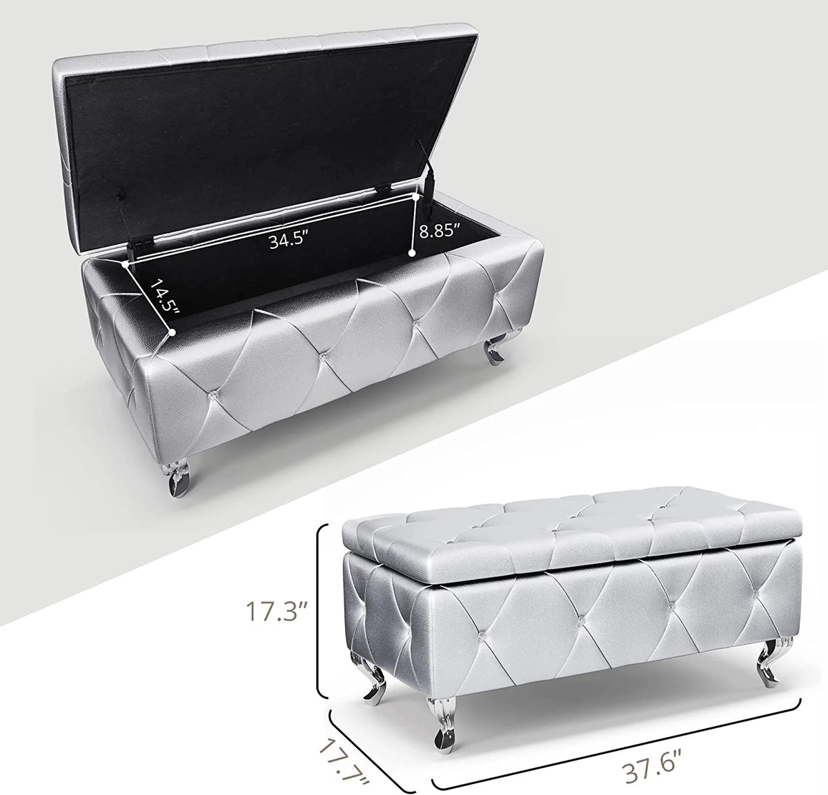38'' Silver Faux Leather Storage Ottoman Bench H21374