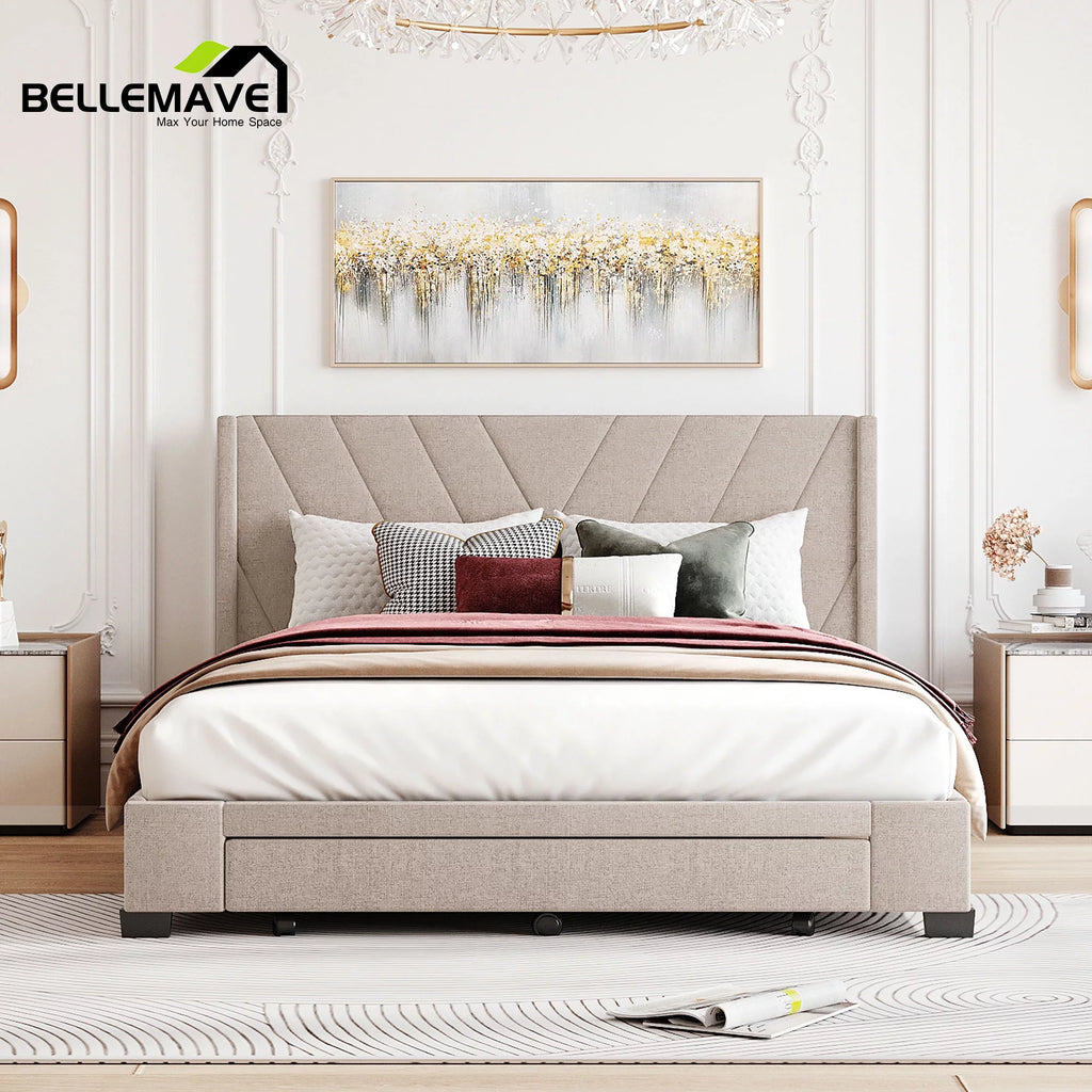 Beige Linen Upholstery Queen Size Platform Bed with 3 Drawers Q233
