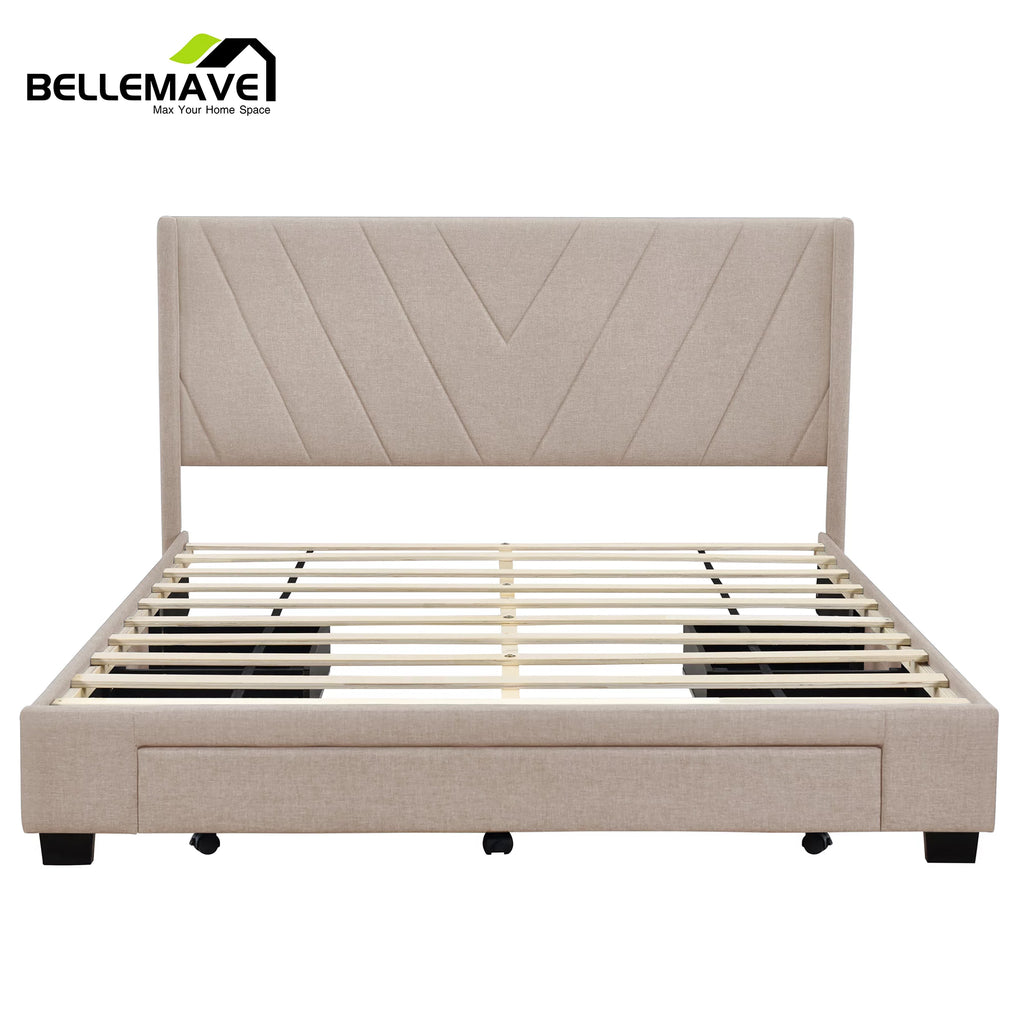 Beige Linen Upholstery Queen Size Platform Bed with 3 Drawers Q233