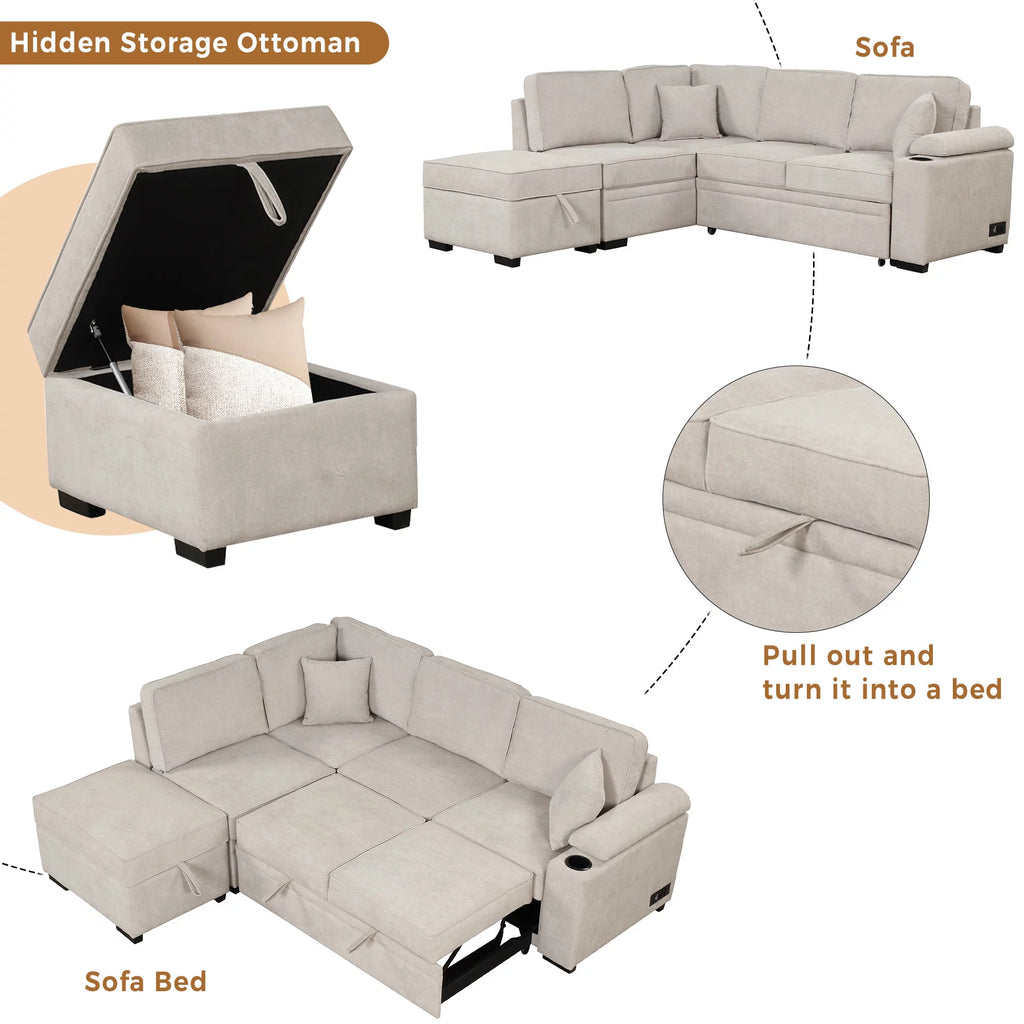 Beige L Shape Sleeper Sofa Bed with Storage Ottoman W22998