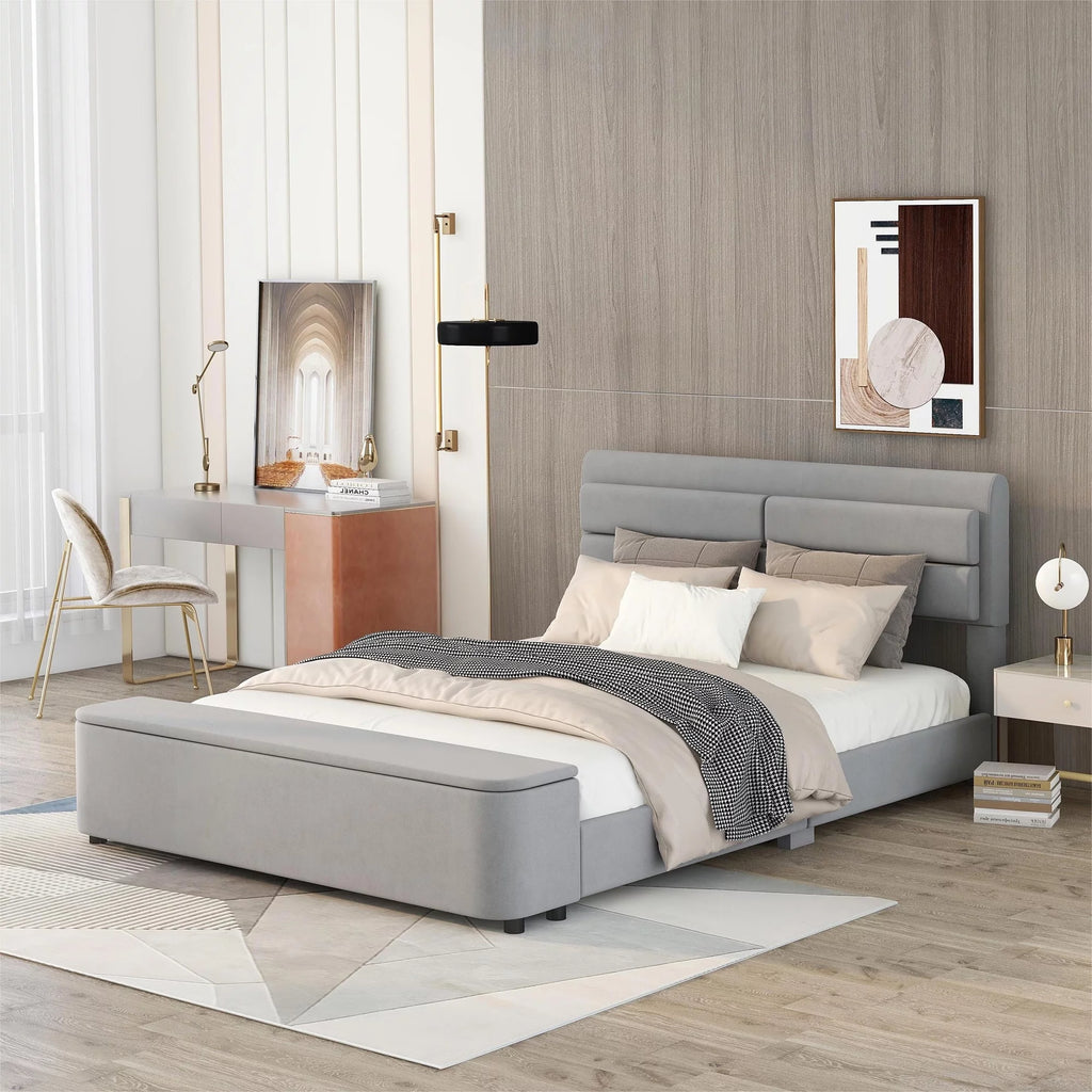 Queen Size Upholstery Platform Bed with Storage Headboard and Footboard Grey V212