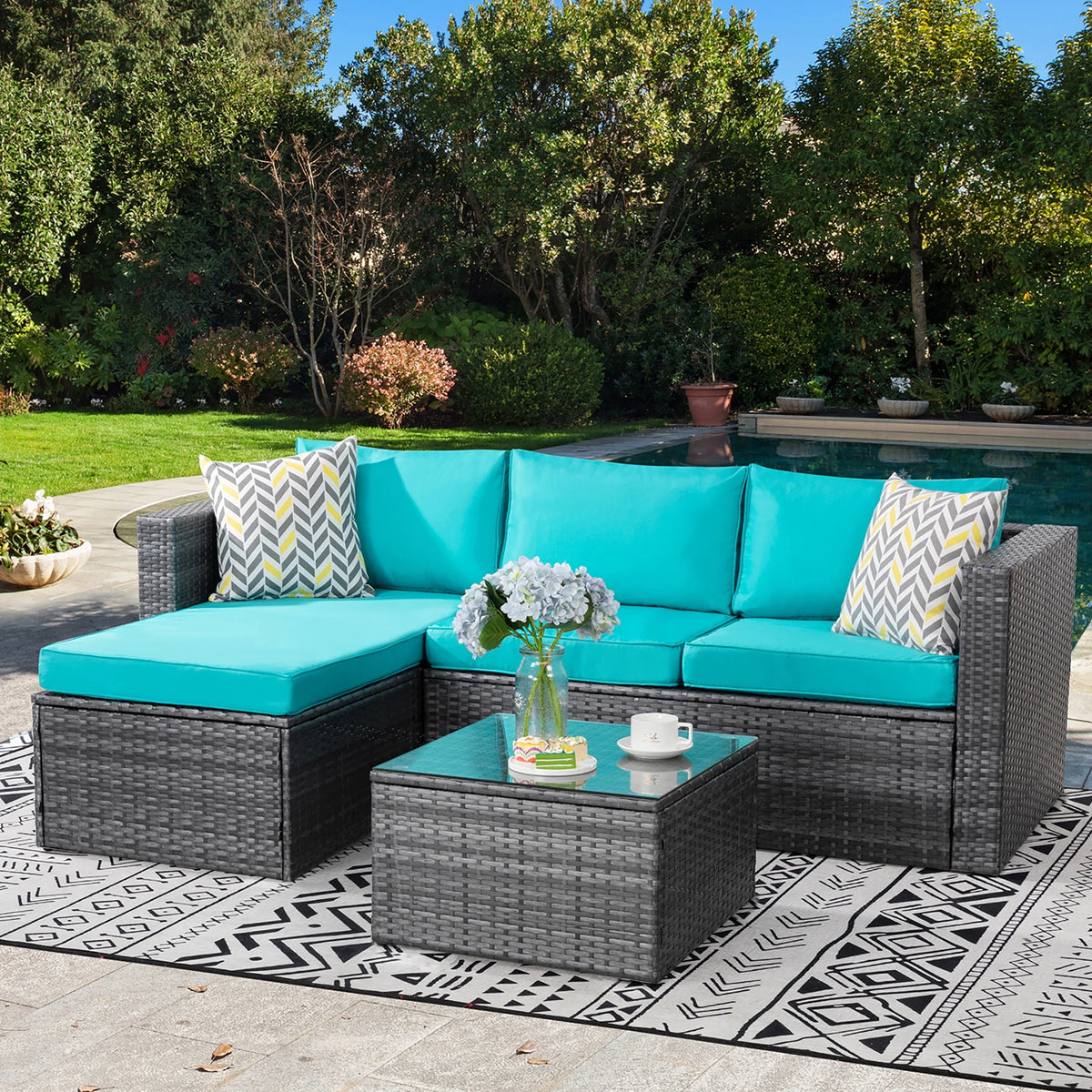 3 Piece Aegean Blue Black Rattan Wicker Sectional Sofa B91399