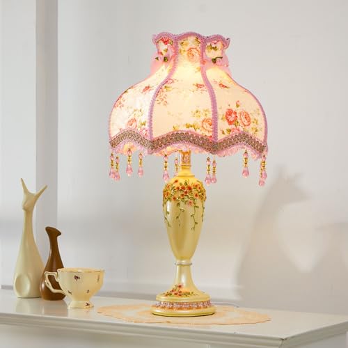 Victorian Flower Table Lamp Pink Floral Fabric Lampshade Beaded Fringe M62523