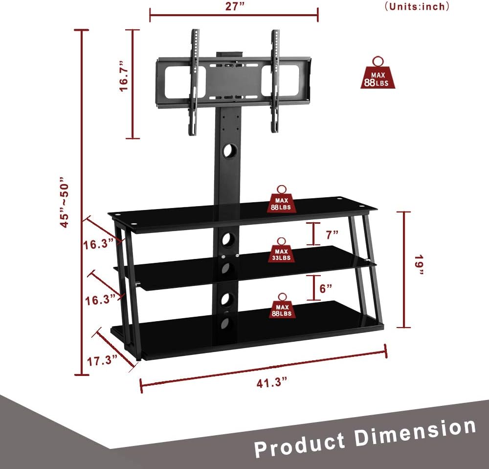 Angle and Height Adjustable Tempered Glass TV Stand, Black T6051