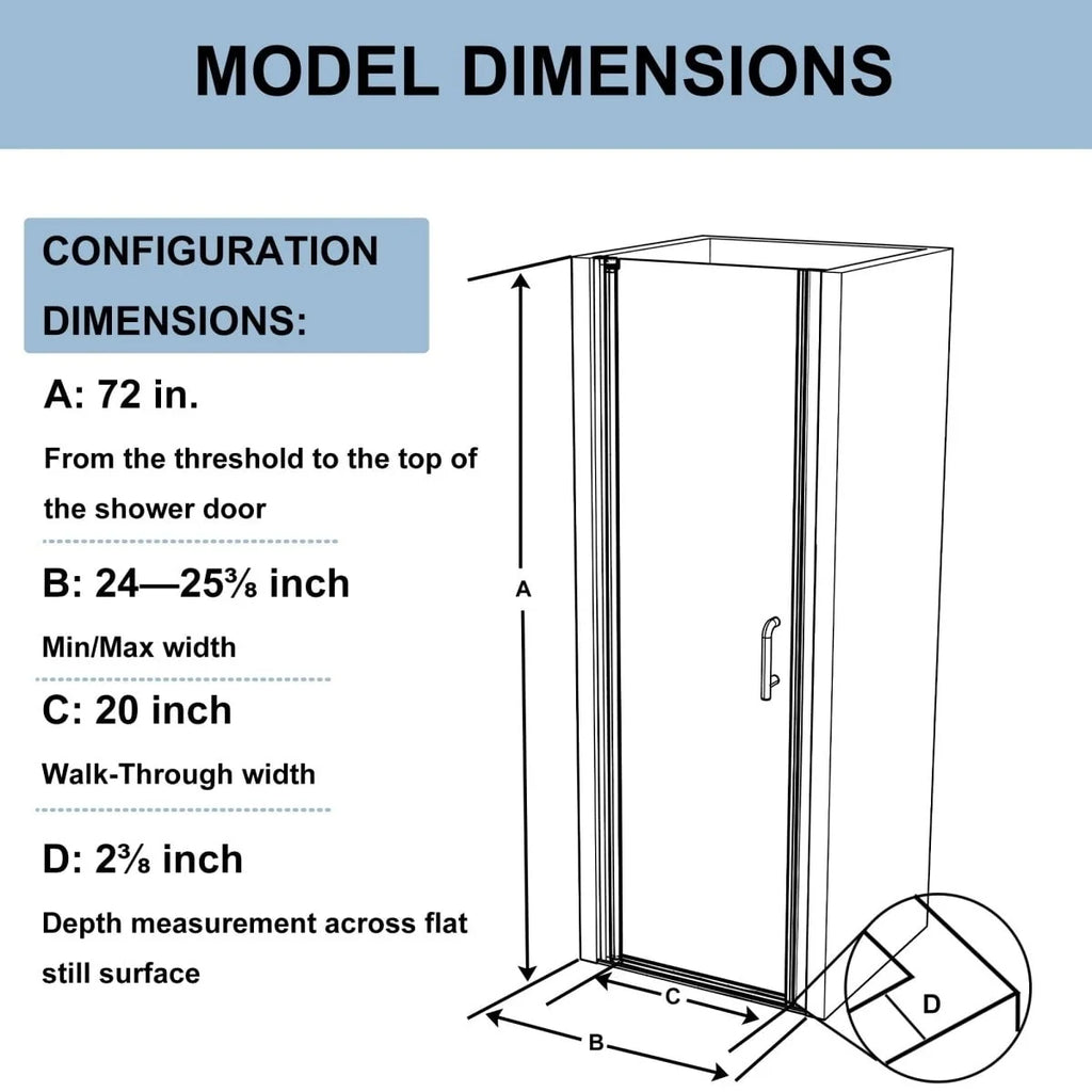 24-25.5 W x 72 H Clear Glass Hinged Shower Door Z372
