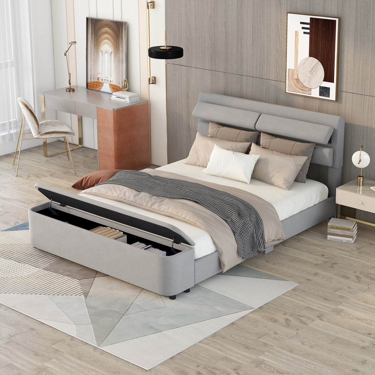 Queen Size Upholstery Platform Bed with Storage Headboard and Footboard Grey V212