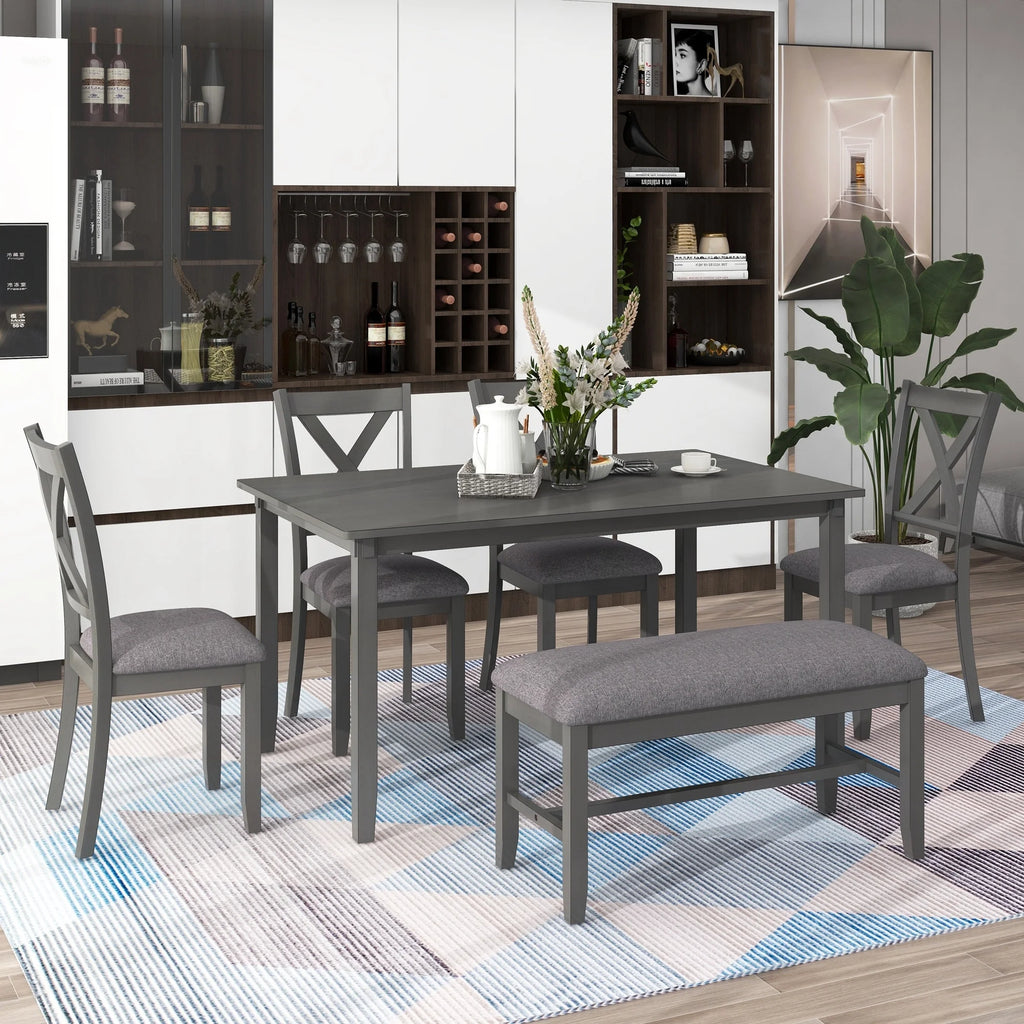 6-Piece Wooden Dining Table Set with 4 Chairs & Bench R177