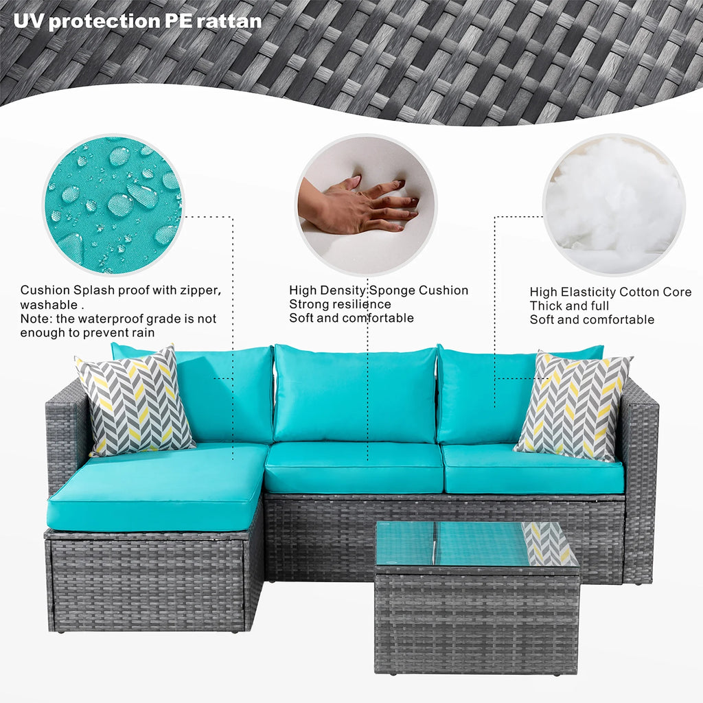 3 Piece Aegean Blue Black Rattan Wicker Sectional Sofa B91399