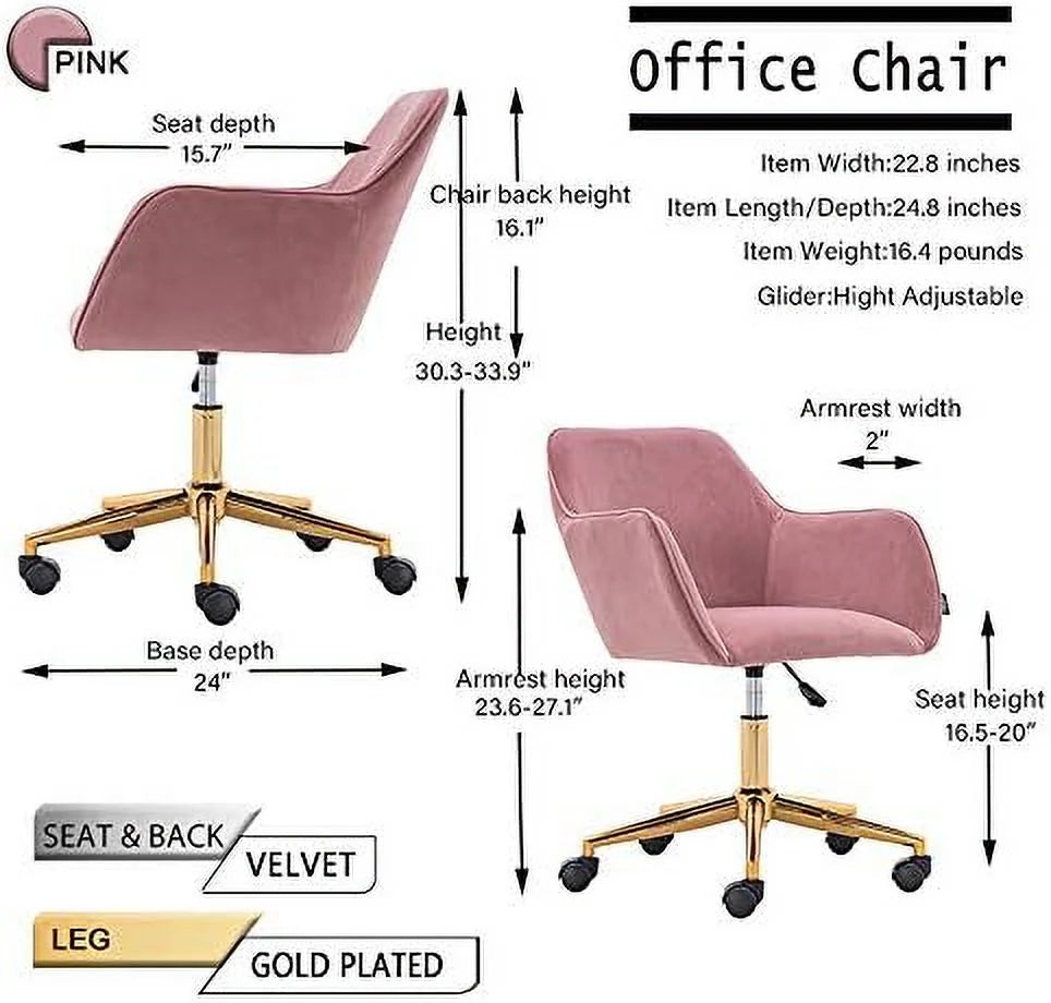 Pink Velvet Fabric Office Chair with Gold Metal Legs K867041
