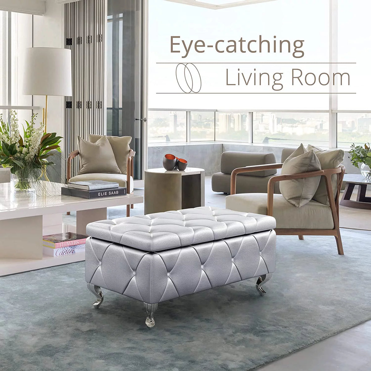 38'' Silver Faux Leather Storage Ottoman Bench H21374