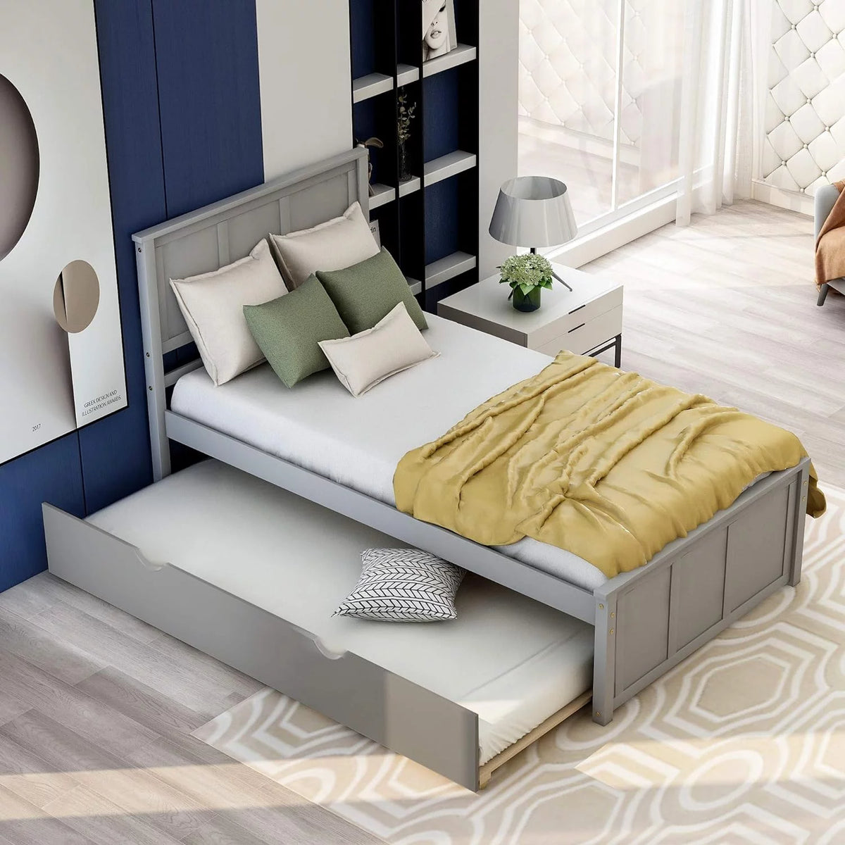 Wood Platform Bed Frame with Headboard and Trundle W626