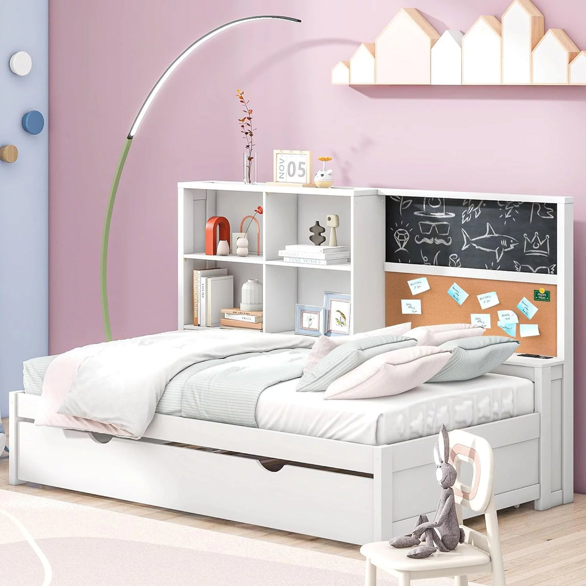 White Daybed Frame with Storage Headboard and USB Port U4444