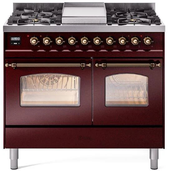 40 Dual Fuel Natural Gas Range in Burgundy with Bronze Trim E6690