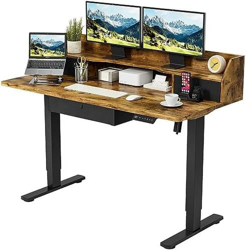 Electric Standing Desk with Triple Drawers 55 x 24 Inch Rustic Brown R77848