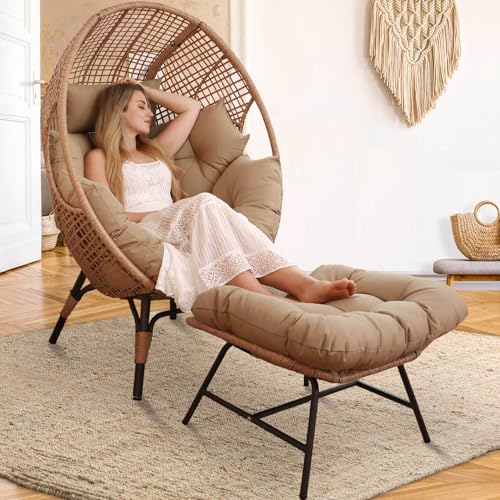 Oversized Wicker Egg Chair with Ottoman Gray L78059