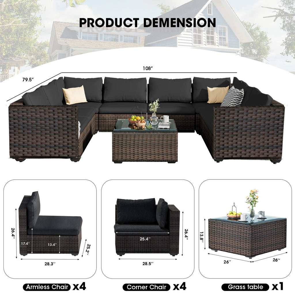 9 Pieces PE Wicker Rattan Sectional Sofa C448