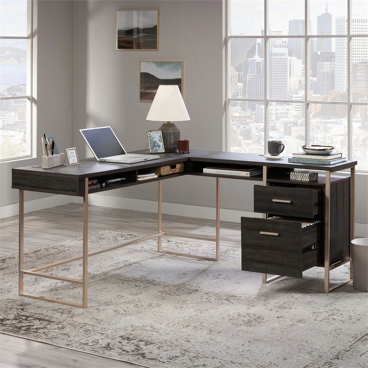 Contemporary L-Desk in Blade Walnut F321612