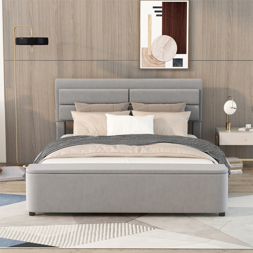 Queen Size Upholstery Platform Bed with Storage Headboard and Footboard Grey V212