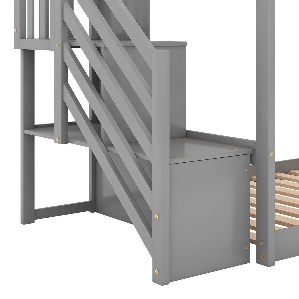 Solid Wood Twin Over Twin Bunk Bed with Slide and Stairway E8411