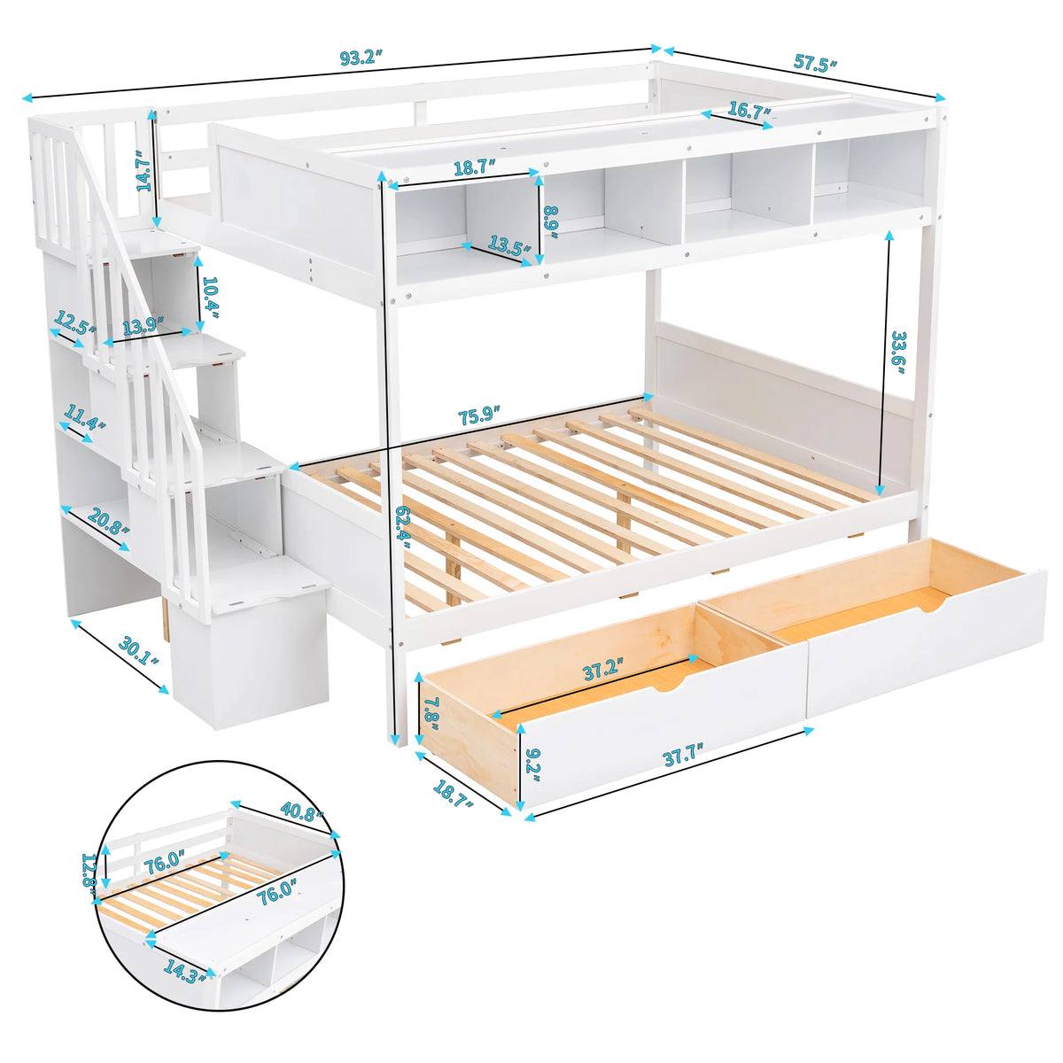 Solid Wood Twin Over Full Bunk Bed with Staircase and 2 Drawers W13142