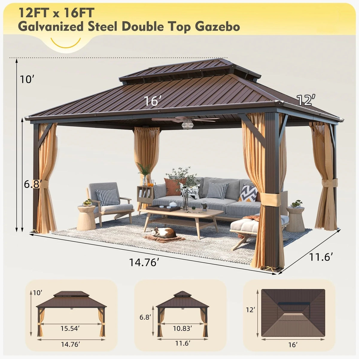 Outdoor Hardtop Gazebo with Galvanized Steel Double Roof & Aluminum Frame 12'x16' Y84646