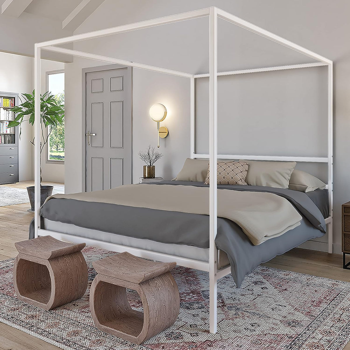 Queen Size Gold Metal Canopy Platform Bed Frame with Wooden Slats V46797