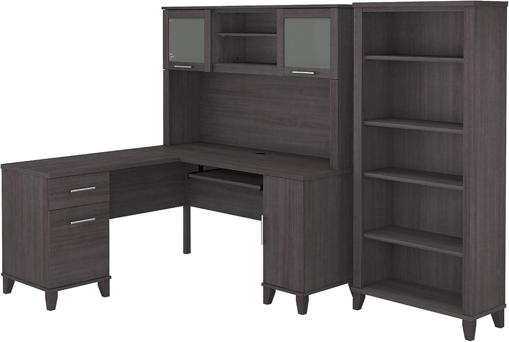 L Shaped Desk with Hutch and 5 Shelf Bookcase P1971