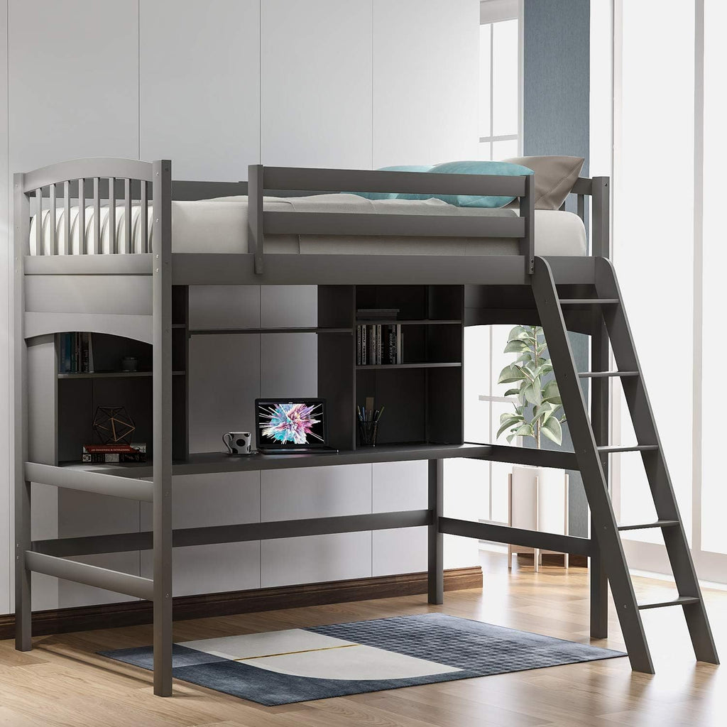 Twin Size Solid Wood Loft Bed with Desk and Storage Shelves E369