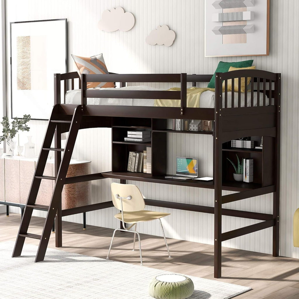 Twin Size Solid Wood Loft Bed with Desk and Storage Shelves E369