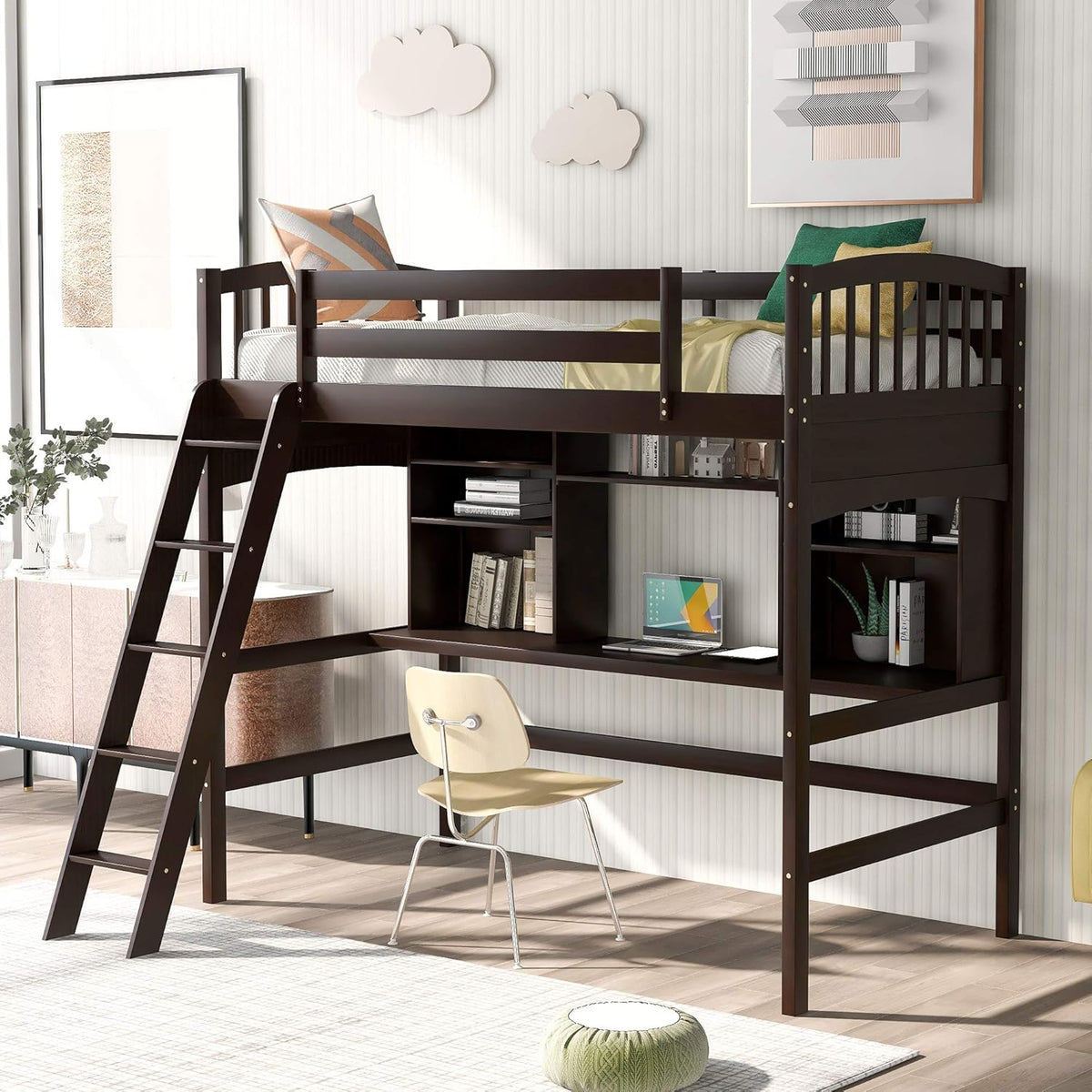 Twin Size Solid Wood Loft Bed with Desk and Storage Shelves E369