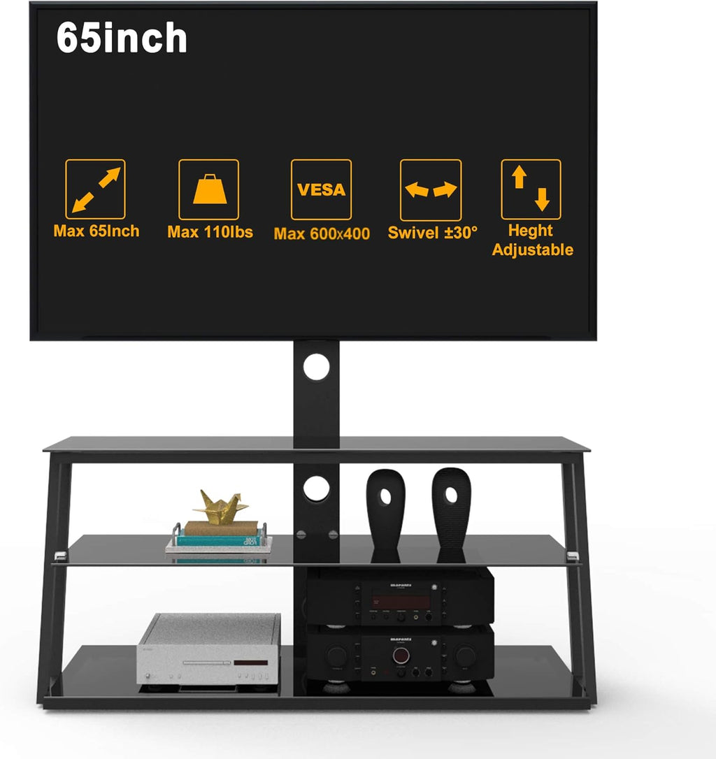 Angle and Height Adjustable Tempered Glass TV Stand, Black T6051