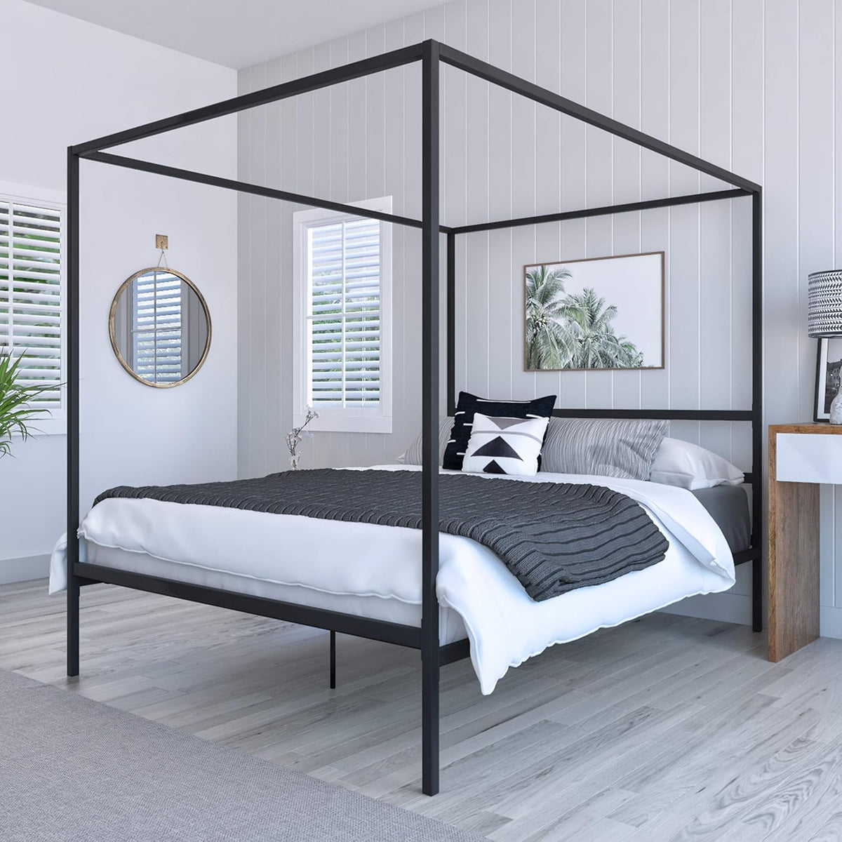 Queen Size Gold Metal Canopy Platform Bed Frame with Wooden Slats V46797