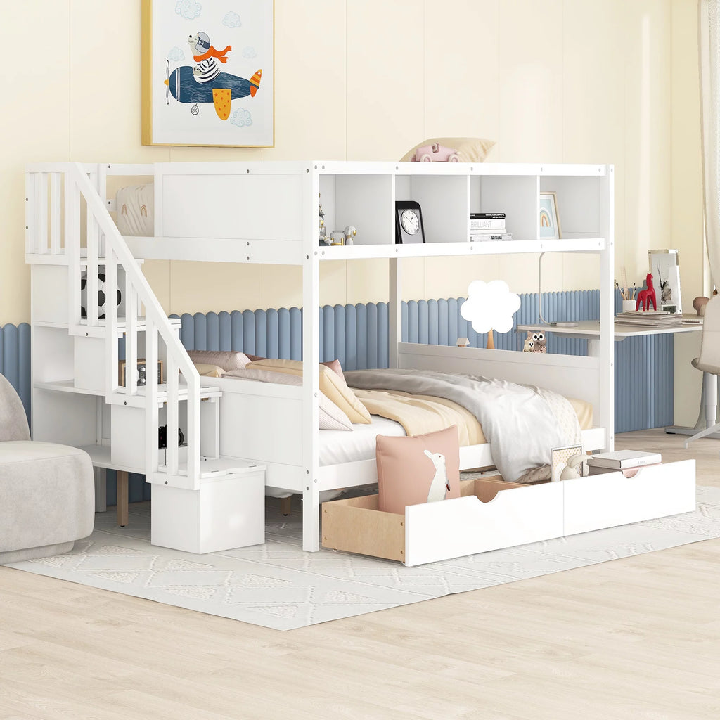 Solid Wood Twin Over Full Bunk Bed with Staircase and 2 Drawers W13142