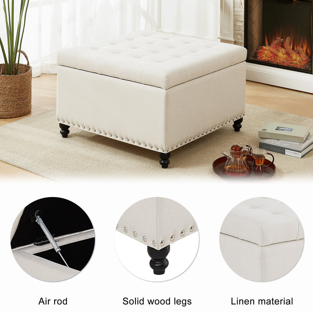Beige 30-inch Button-Tufted Storage Ottoman Bench H4786