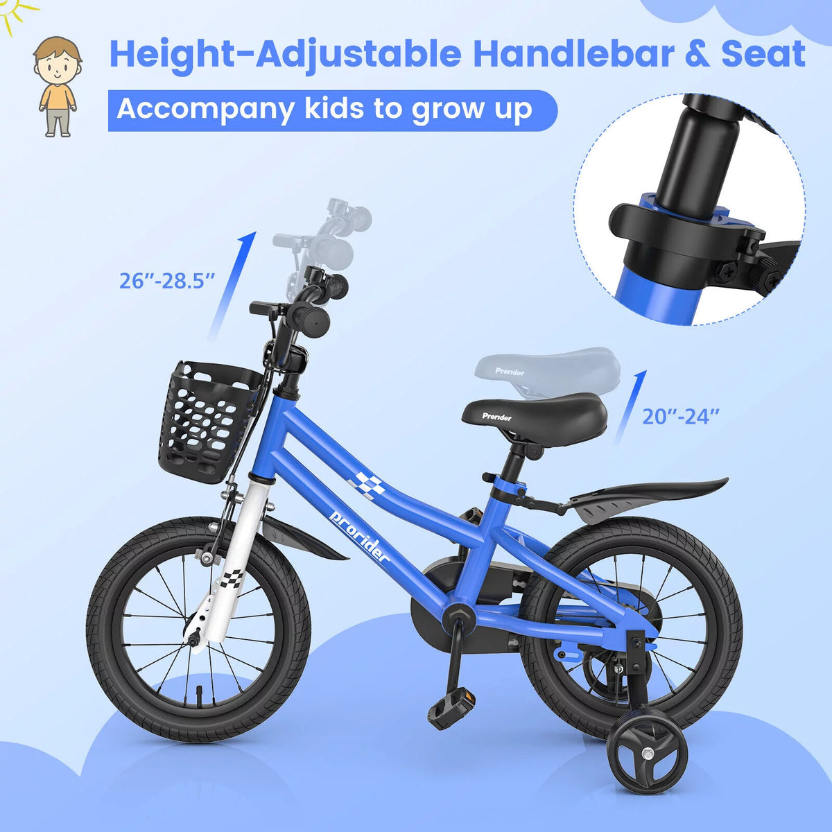 14 Kid's Bike with Training Wheels and Basket, Blue J958678