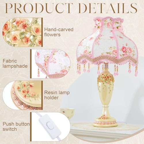 Victorian Flower Table Lamp Pink Floral Fabric Lampshade Beaded Fringe M62523