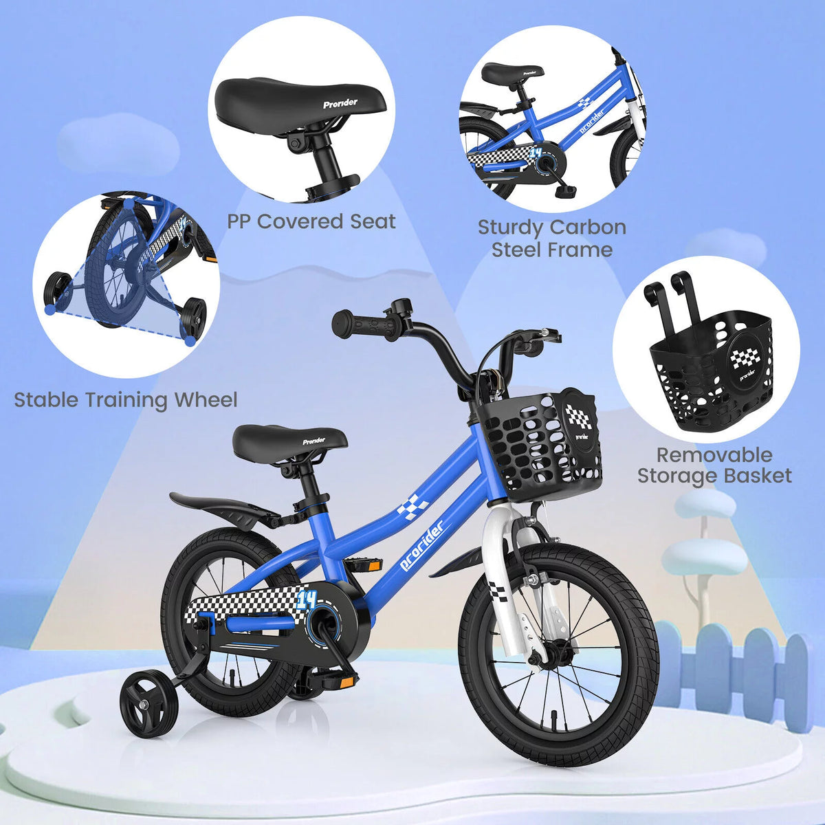 14 Kid's Bike with Training Wheels and Basket, Blue J958678