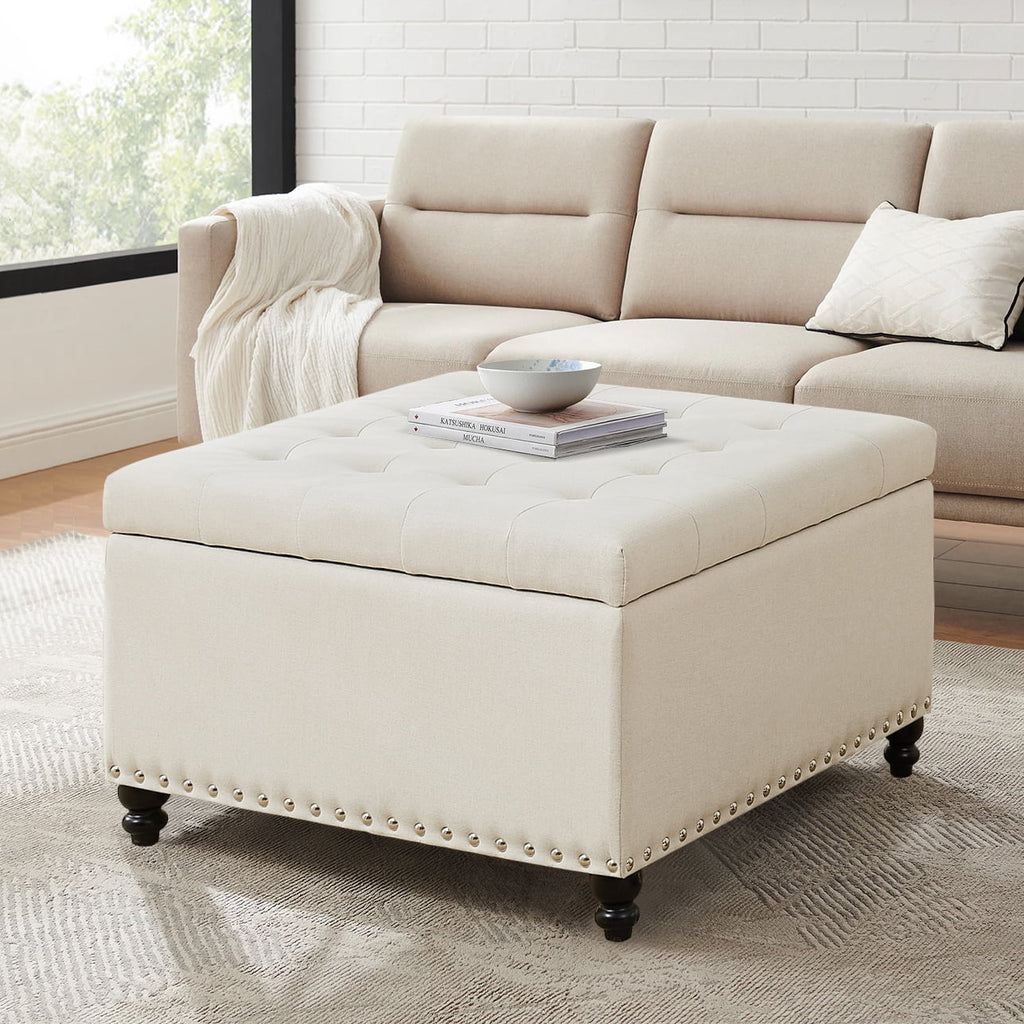 Beige 30-inch Button-Tufted Storage Ottoman Bench H4786