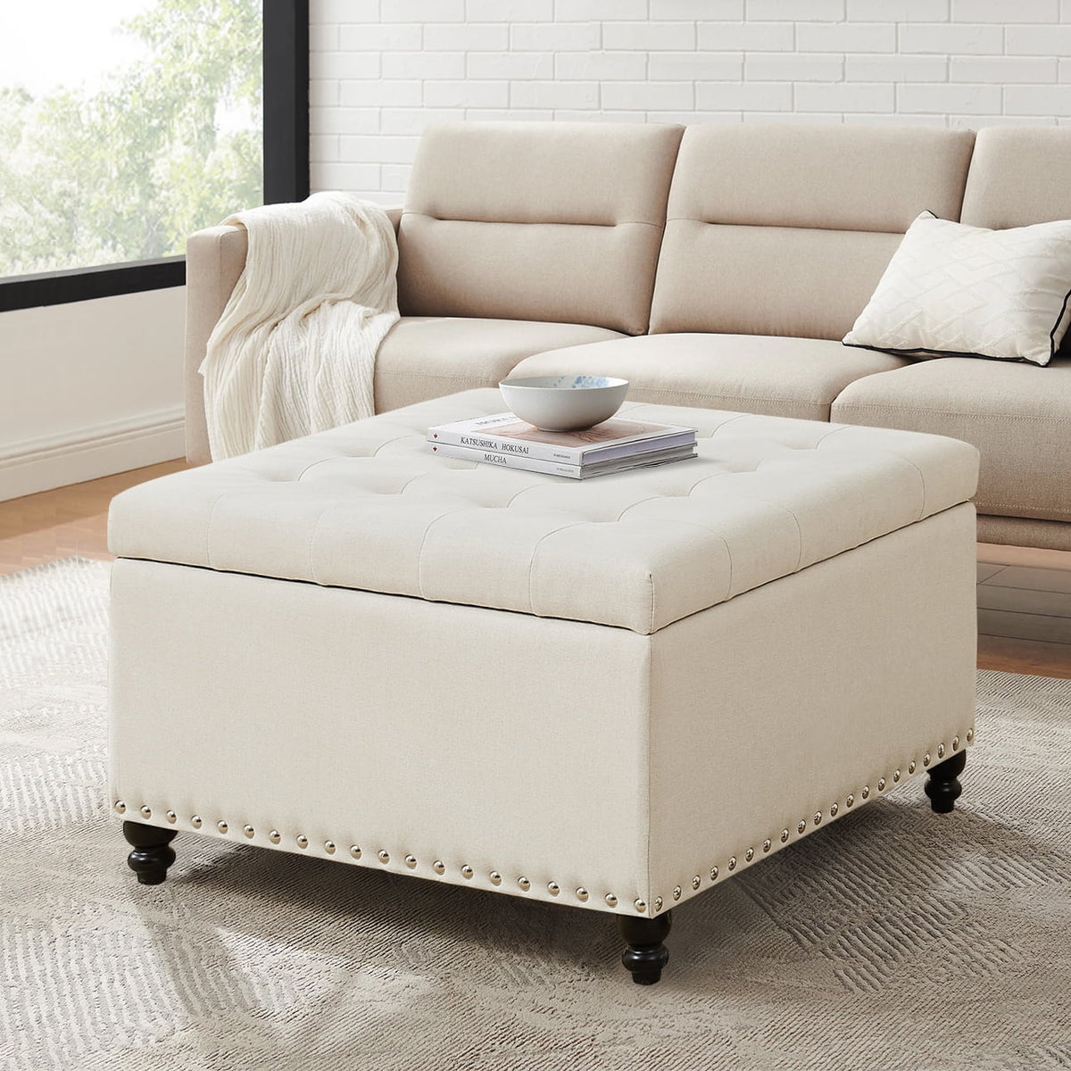 Beige 30-inch Button-Tufted Storage Ottoman Bench H4786