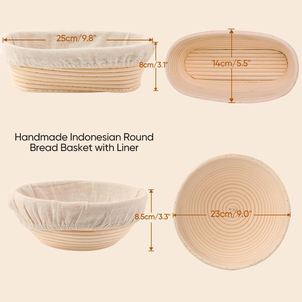 Set of 2 Round & Oval Rattan Banneton Bread Proofing Baskets P331
