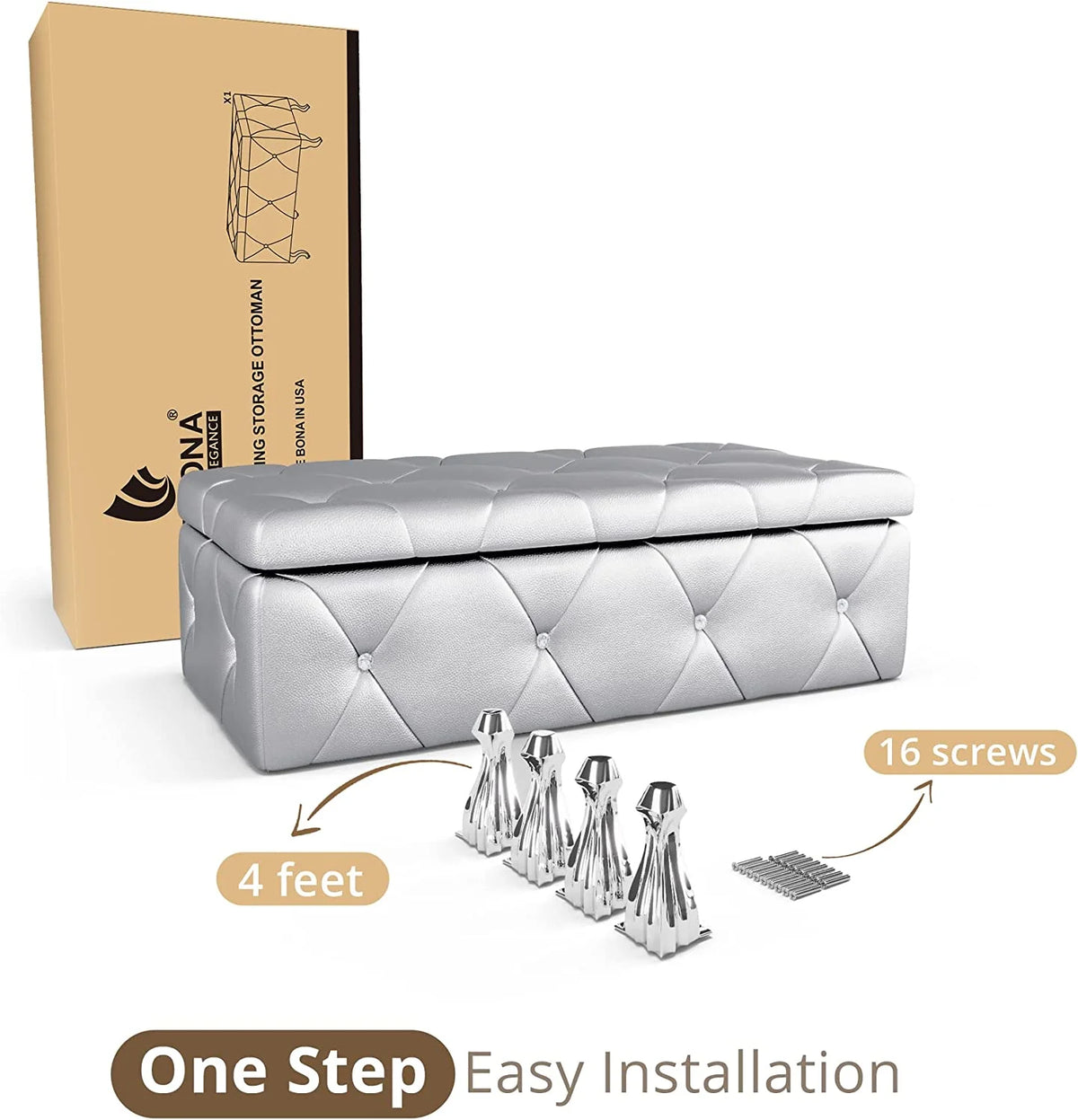 38'' Silver Faux Leather Storage Ottoman Bench H21374