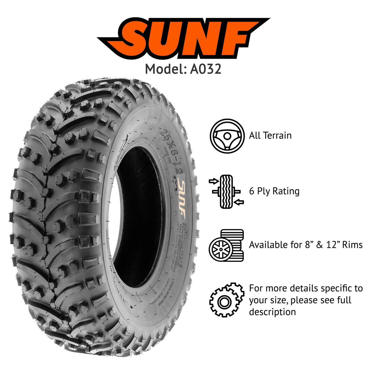 Set of 4 ATV UTV Tires 25x8-12 6 PR Z453