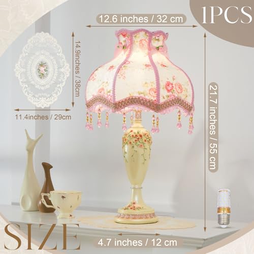 Victorian Flower Table Lamp Pink Floral Fabric Lampshade Beaded Fringe M62523