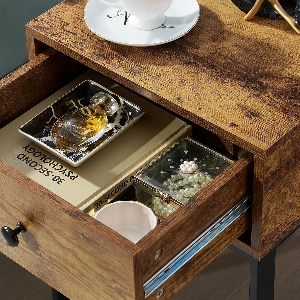 Brown Nightstand with Drawer Metal Frame K7889
