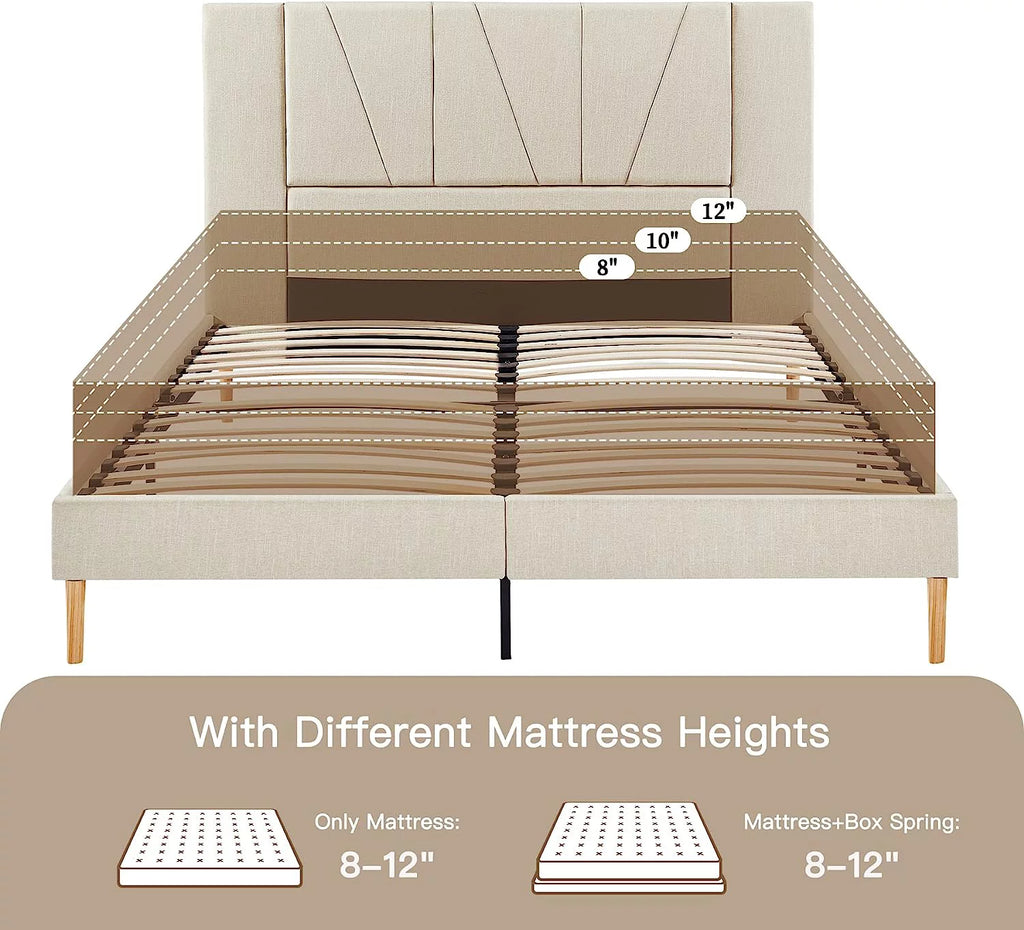 King Size Beige Fabric Upholstered Platform Bed Frame A85084