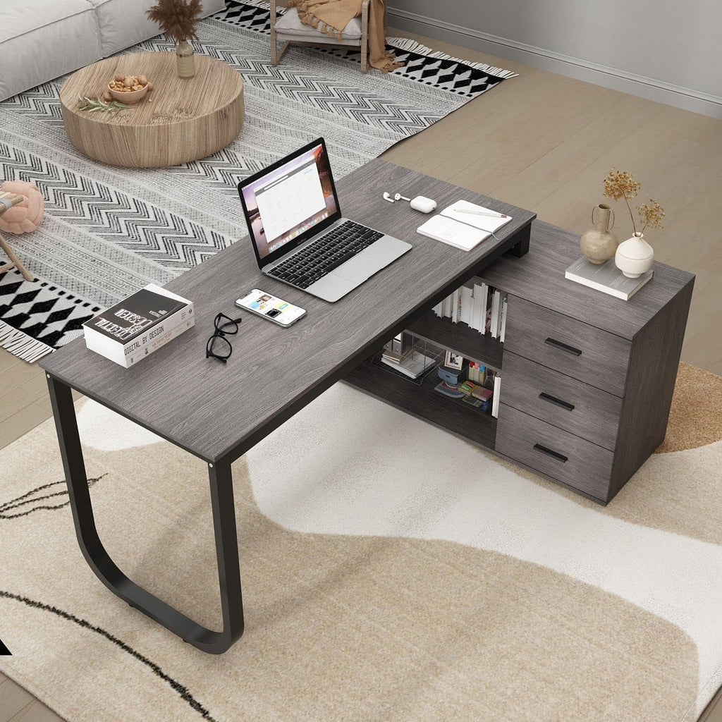 55.1” L-Shaped Desk with Drawers and Shelves B642