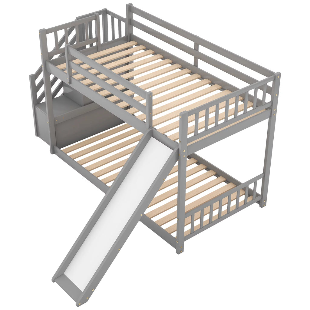 Solid Wood Twin Over Twin Bunk Bed with Slide and Stairway E8411